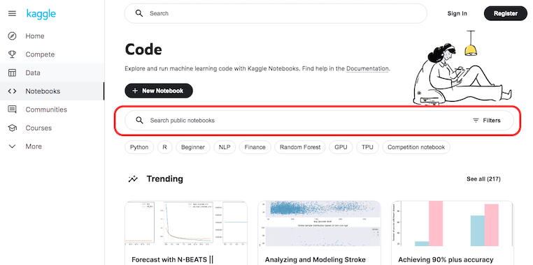 El buscador de notebooks en Kaggle